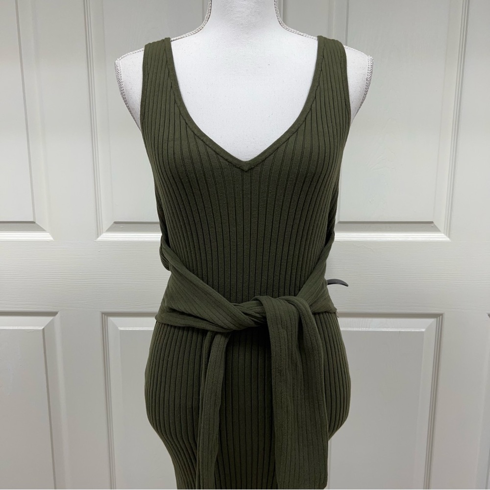 Good American Green Belted Body Ribbed Bodycon Sleeveless Knit Dress Size 2 - Picture 3 of 10